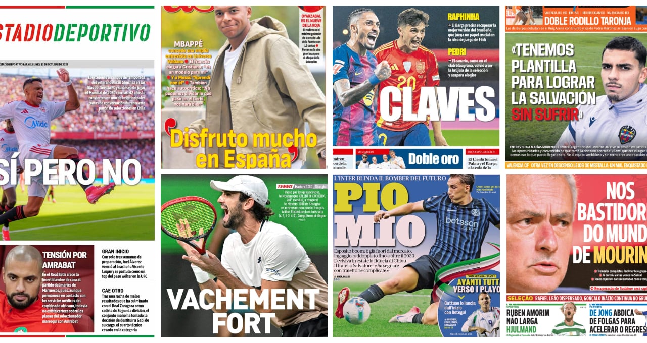 Alexis Sánchez, Amrabat, Mbappé, Pedri, Pogacar, Vacherot, La Finalissima... las portadas del lunes 13 de octubre de 2025