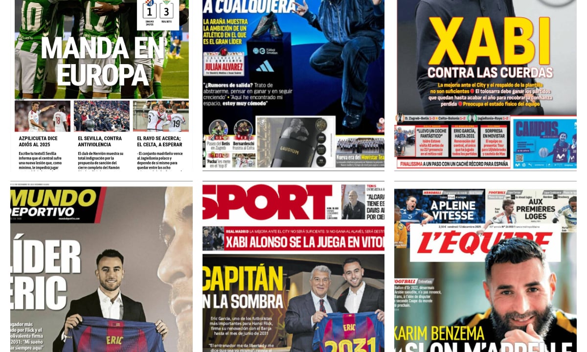 La victoria del Real Betis en Europa, el puesto en peligro de Xabi Alonso, la renovación de Eric García... así vienen las portadas