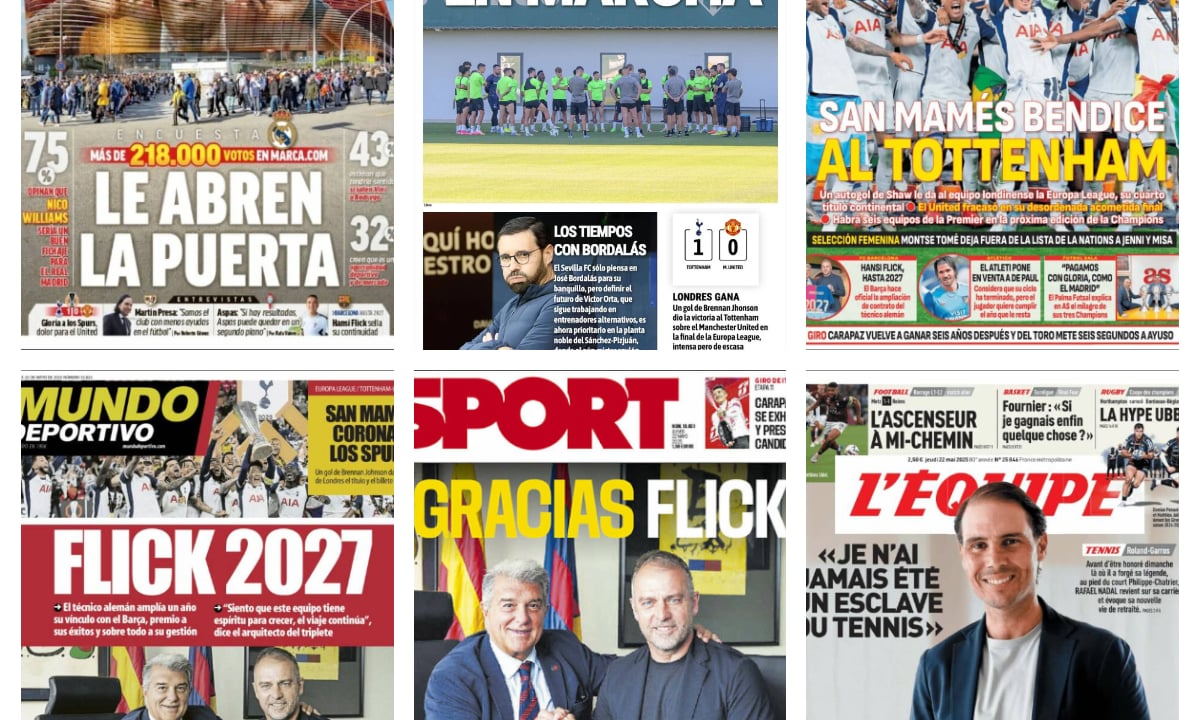 La renovación de Flick, Nico Williams y el Madrid, el Tottenham se corona en la Europa League... así vienen las portadas