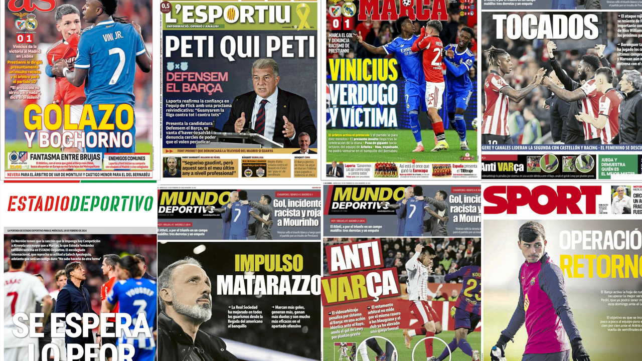 La sanción de Almeyda, denuncia del racismo de Prestianni hacia Vinicius, baja de Nico Williams... así llegan las portadas este miércoles 18 de febrero de 2026