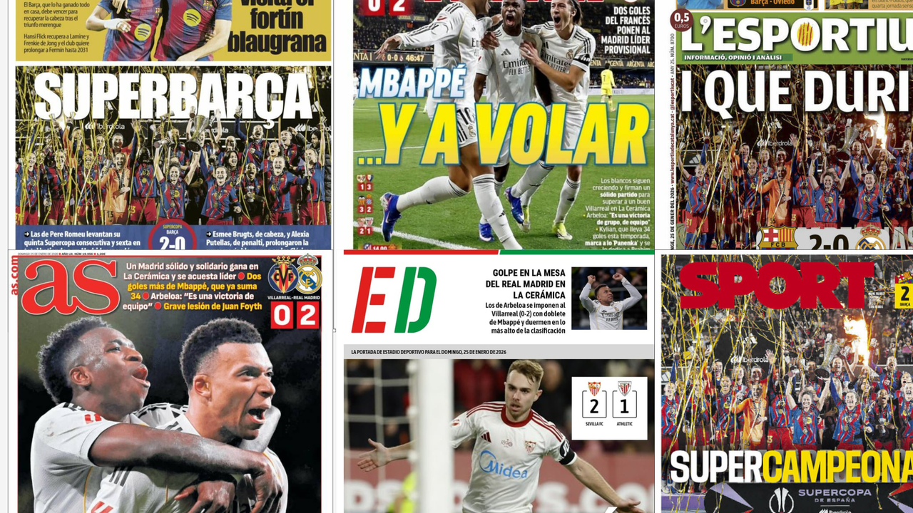 El Sevilla revive, el Betis busca la victoria contra el Alavés, el Barcelona Femenino se hace con su sexta Supercopa... así vienen las portadas del domingo 25 de enero de 2026